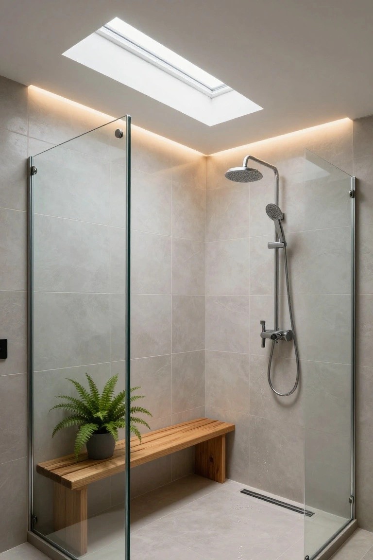 Walk-in shower enclosure with clear glass panels, rainfall showerhead on wall-mounted arm, wooden bench, potted fern plant, linear floor drain, gray tile walls and floor, skylight in angled ceiling edged with LED strip lighting.