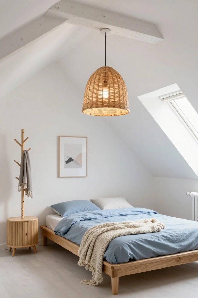 A minimalist bedroom under white sloped ceilings with a large woven basket pendant light hanging centrally above a wooden platform bed dressed in blue linens and a white throw, next to a rattan nightstand and wooden coat rack with gray scarf.