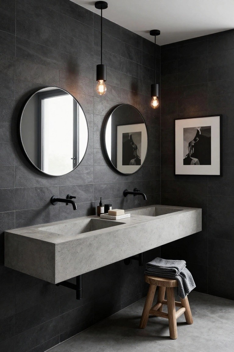 Contemporary bathroom with dark slate tile walls, two round mirrors, floating gray concrete double vanity with black faucets, three black pendant lights with exposed bulbs, wooden stool holding gray towels, and concrete floor.