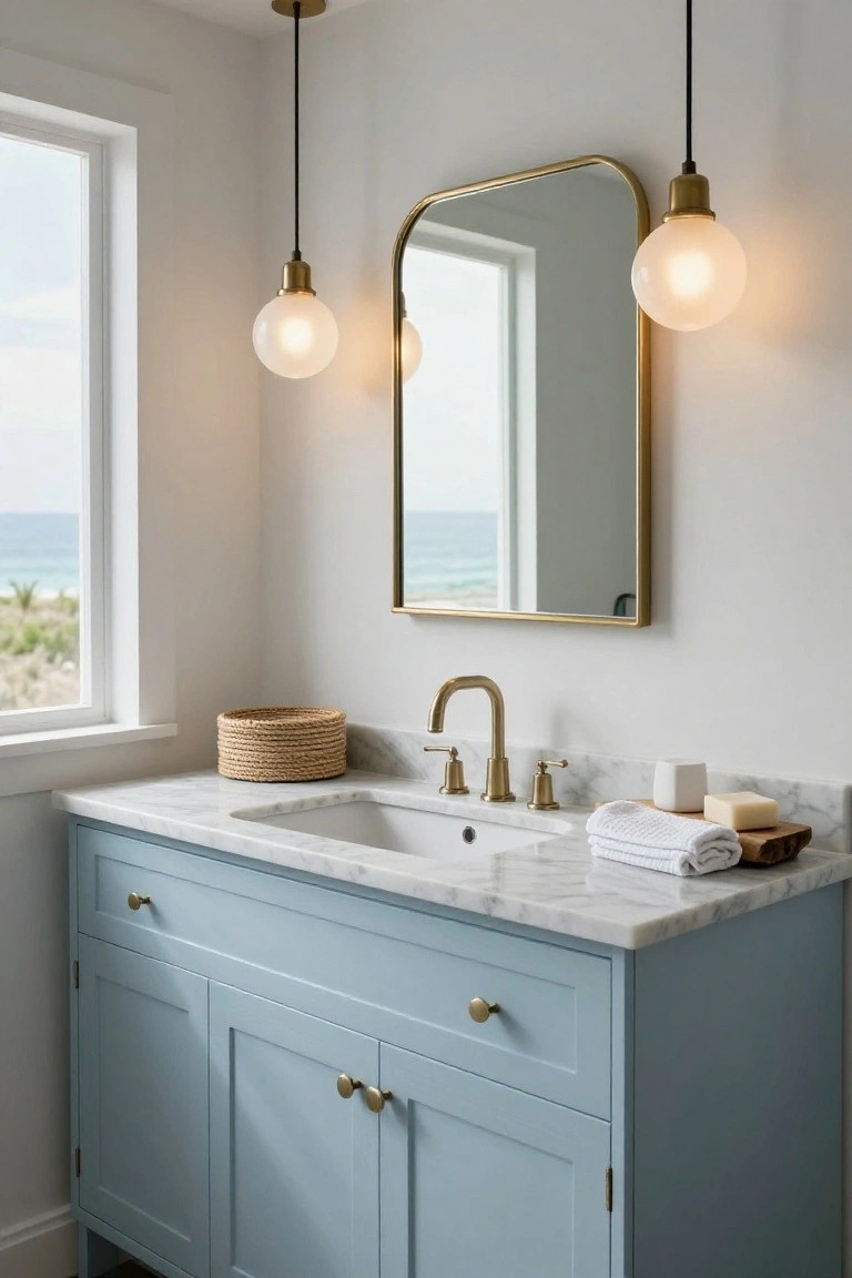 Light blue painted bathroom vanity cabinet with white marble countertop and undermount sink, brass gooseneck faucet, arched brass mirror, two hanging brass pendant lights with white globe shades, woven basket, white soap dish, towels on wood tray, and window with ocean view.