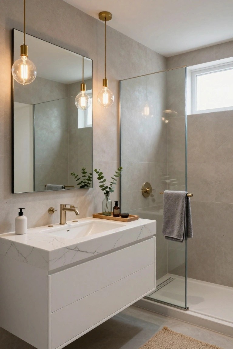 Modern bathroom with white floating quartz vanity under two gold pendant lights with exposed bulbs, large mirror, glass shower enclosure, and gray textured tile walls.