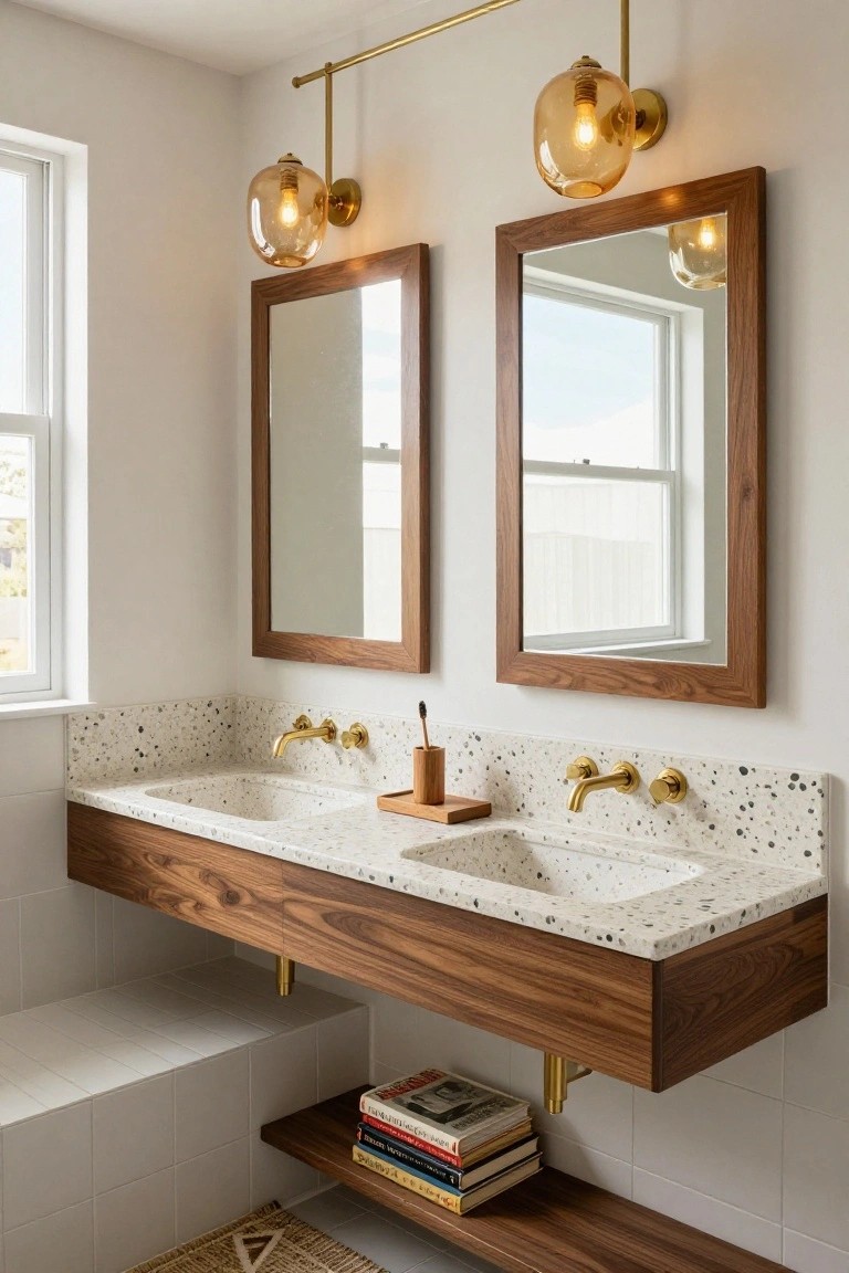 Bathroom vanity with floating walnut double sink countertop in speckled white material, two wooden-framed mirrors, gold faucets, and brass wall-mounted pendant lights with amber glass shades.