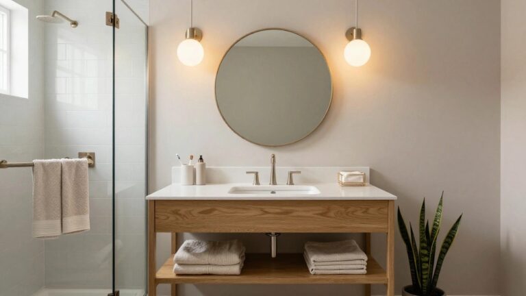 Modern bathroom with light oak double vanity under white quartz countertop, two gold pendant lights with white globe shades hanging above, large gold round mirror on wall, potted snake plant, and frameless glass shower.