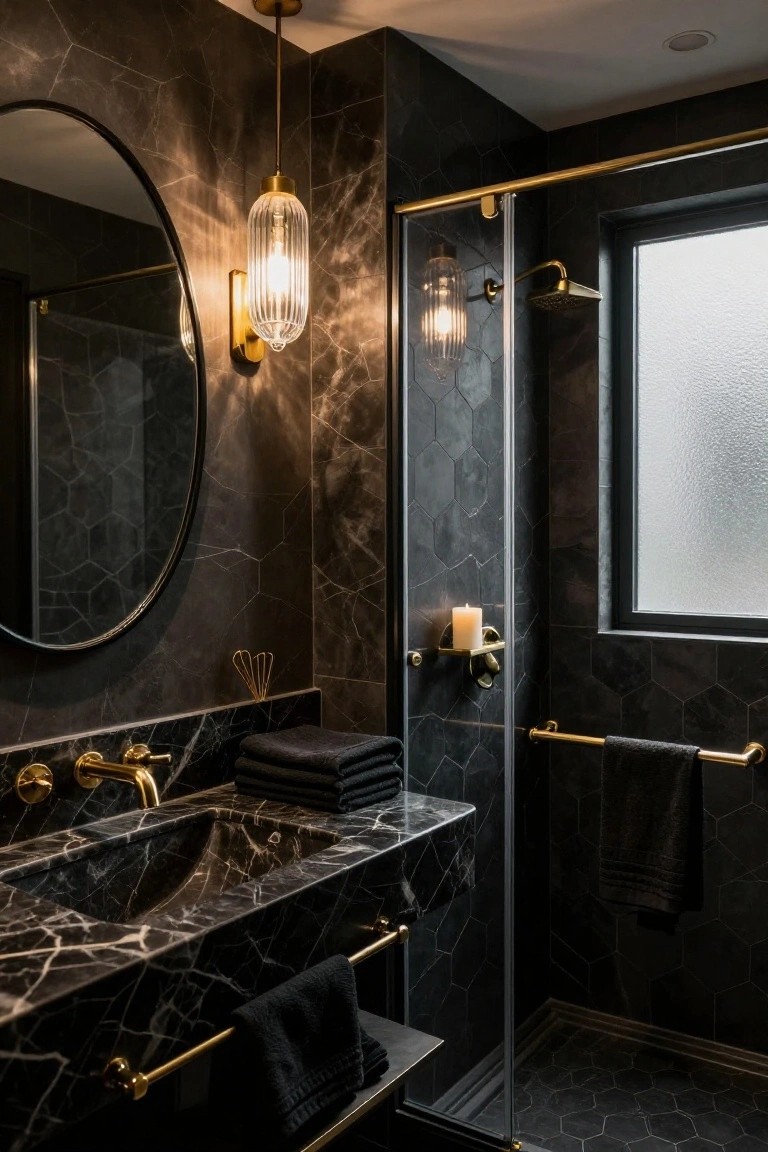 A black marble bathroom vanity with integrated sink, large round mirror, hanging and wall-mounted glass globe pendant lights with brass accents, hexagonal black tile shower enclosure, and black towels.