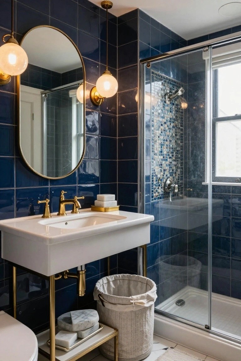 Bathroom with navy blue subway tile walls, white console sink on gold metal legs with gold bridge faucet, large brass oval mirror, pairs of gold globe pendant lights hanging from ceiling, glass shower enclosure with blue mosaic tile accents, toilet, and wicker laundry basket.