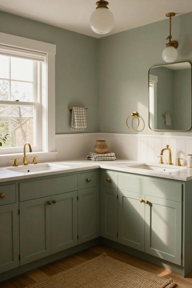 Corner bathroom vanity with sage green cabinets, two white undermount sinks, brass faucets and hardware, gold round mirror, checkered towels, terracotta pots, white subway tile backsplash, wood floor with seagrass rug, and white globe pendant lights.