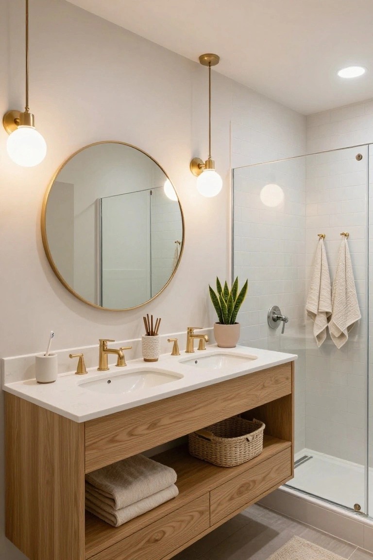 Modern bathroom with light oak double vanity under white quartz countertop, two gold pendant lights with white globe shades hanging above, large gold round mirror on wall, potted snake plant, and frameless glass shower.