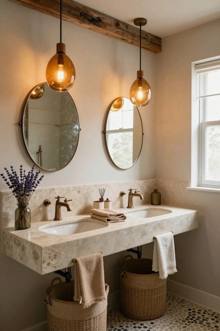 Bathroom with floating white stone double vanity, two brass faucets, two round brass-framed mirrors, two hanging amber globe pendant lights from wood beam ceiling, lavender bouquet in glass vase, reed diffuser, folded towels, two woven baskets, and pebble tile floor.