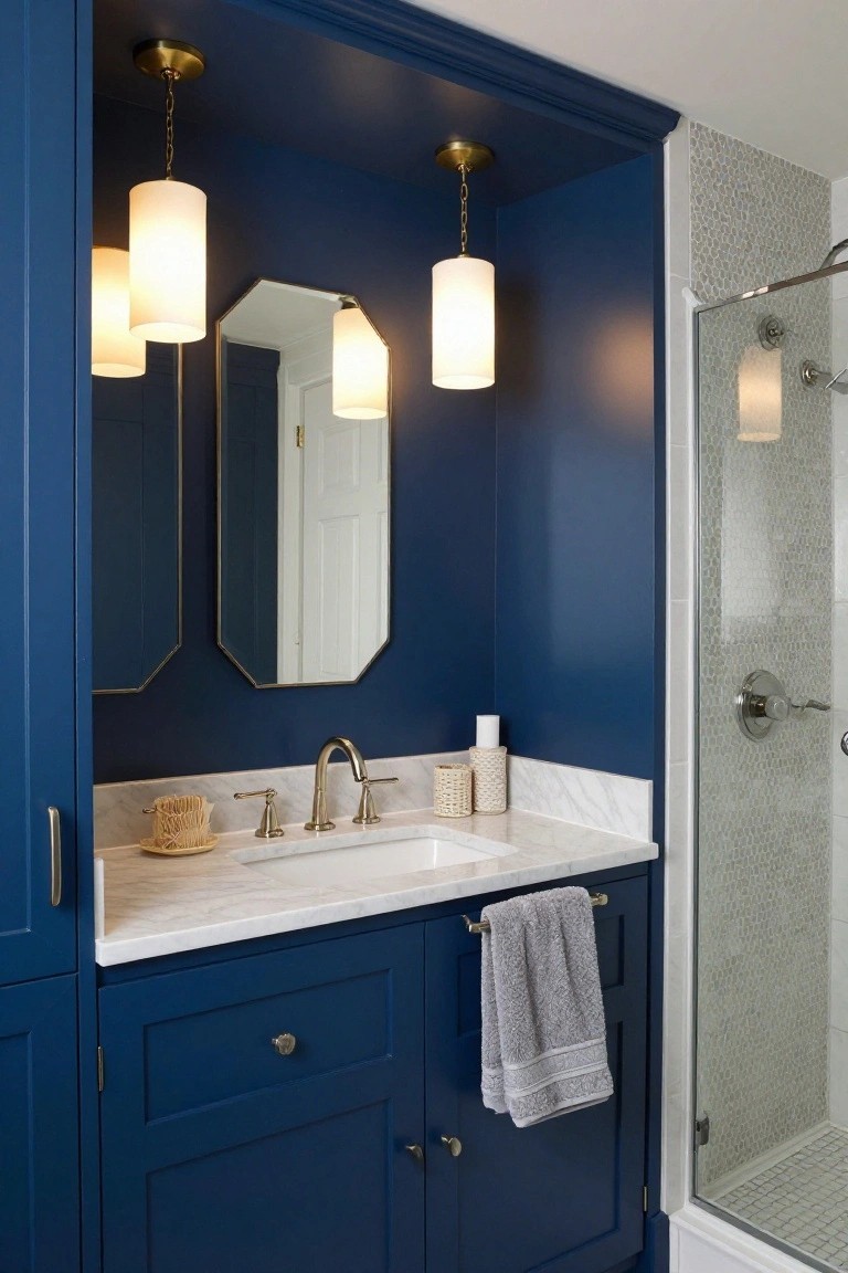 Navy blue recessed bathroom vanity with white marble countertop and sink, three white frosted glass pendant lights hanging from the ceiling, brass faucet and hardware, oval mirror, toilet paper holder, and adjacent glass shower enclosure with white mosaic tile walls.