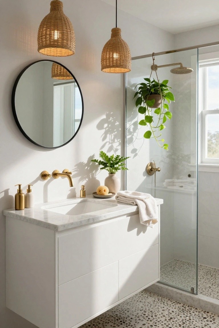 Bright bathroom interior with white floating vanity, gold wall faucet, round black mirror, two hanging woven pendant lights, potted plants, glass shower enclosure, and pebble tile floor.