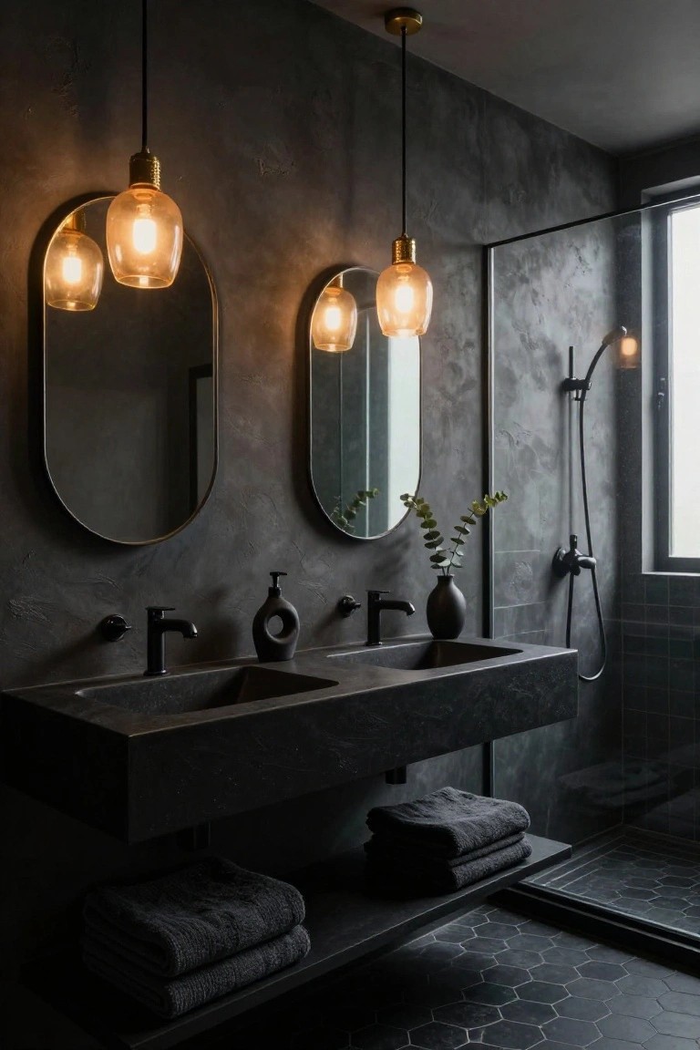 Dark modern bathroom with black stone double vanity, two oval black-framed mirrors, hanging brass oval pendant lights, textured black walls, black hexagonal floor tiles, black towels on shelf, eucalyptus in black vase, and glass shower enclosure.