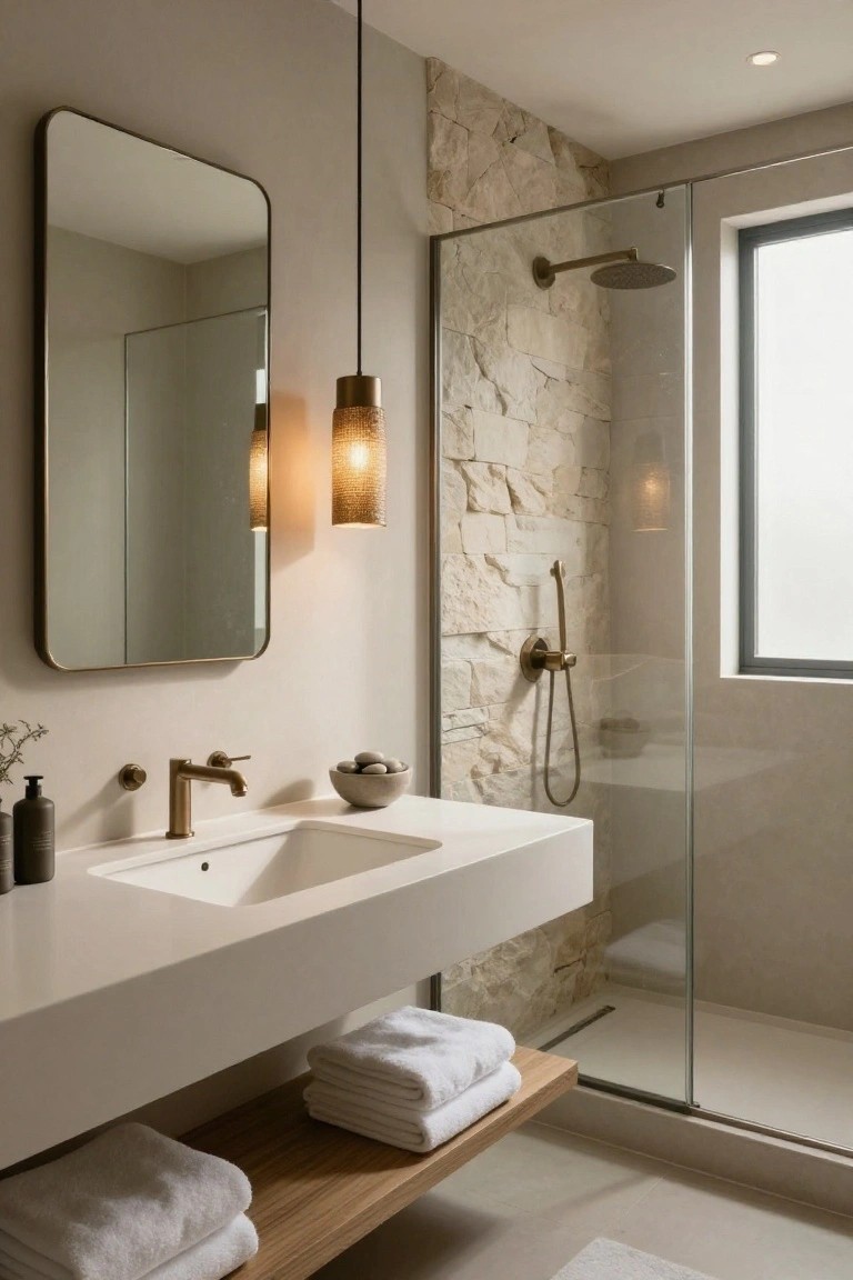 Modern bathroom with floating white vanity sink, brass faucet, round brass-framed mirror, two hanging textured bronze pendant lights, glass shower enclosure with stone wall, wooden shelf holding folded white towels, and beige tiled floor.