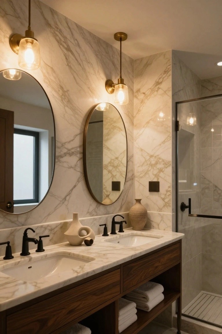 Bathroom interior featuring a double white marble vanity with black faucets, gold pendant lights hanging above, large oval mirrors, marble walls, and a glass shower enclosure.