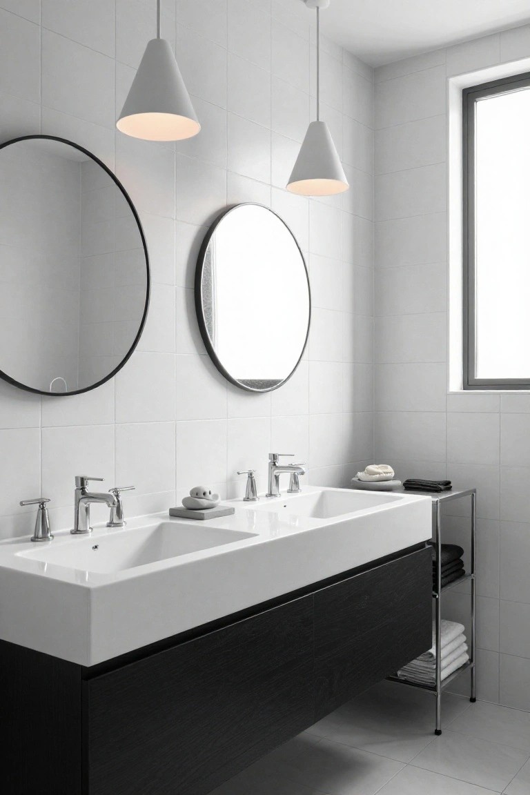 Modern bathroom with double white vanity, two white conical pendant lights suspended above the sinks, two round black-framed mirrors, white subway tile walls, and a black cabinet base.