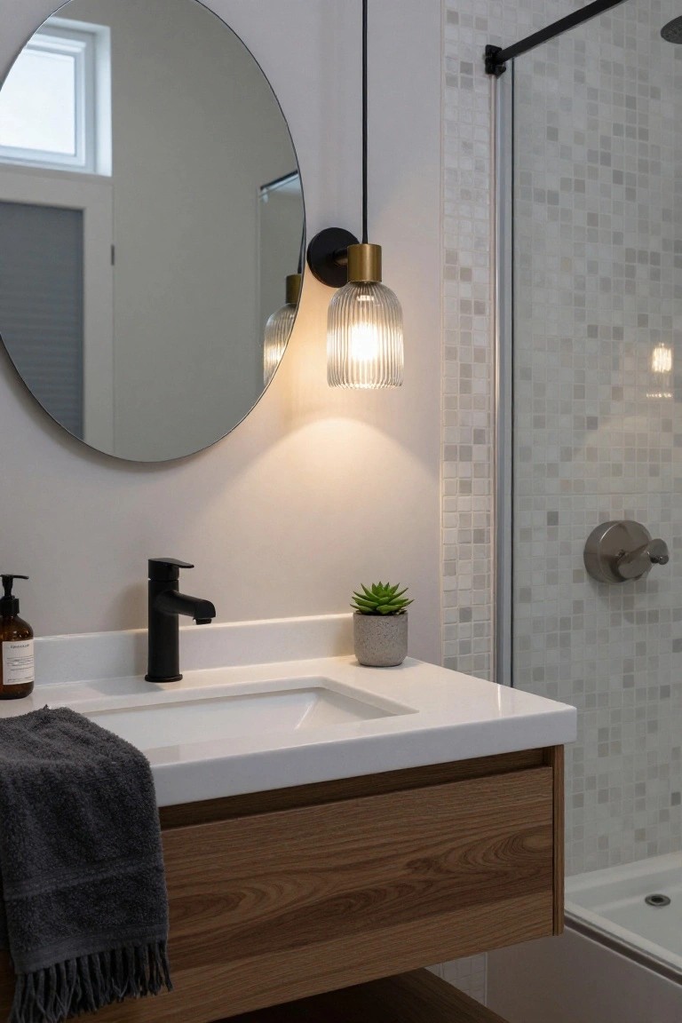 Contemporary bathroom with floating oak vanity, white sink, black matte faucet, round frameless mirror flanked by two ribbed glass pendant sconces with gold bases, gray towel draped over edge, potted succulent, and glass shower with subway tile walls.