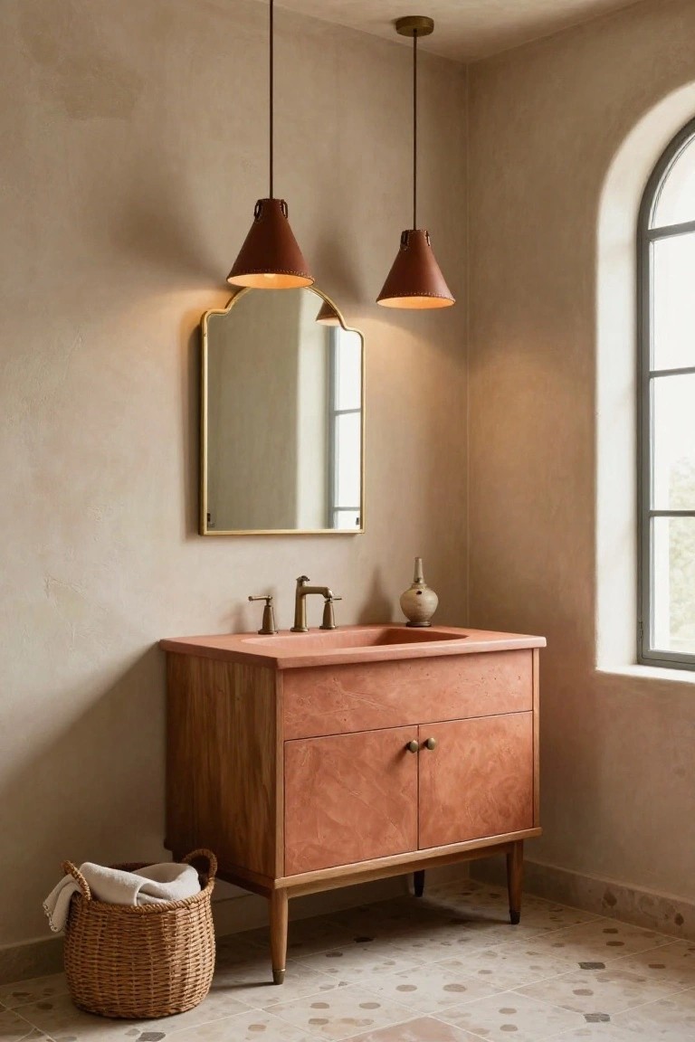 Corner bathroom vanity with pink sink in wood cabinet, gold-framed mirror, two hanging terracotta cone pendant lights, arched window, woven basket on terracotta tile floor.