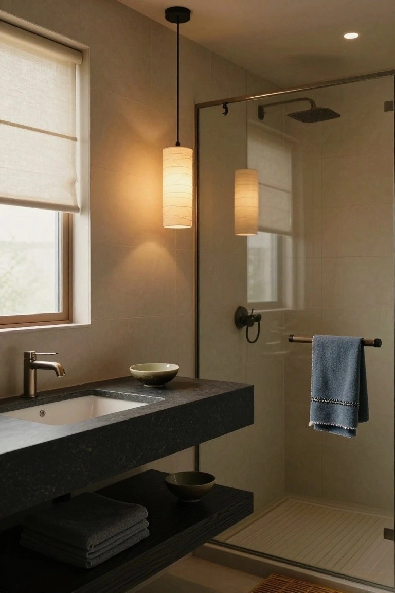 Modern bathroom with black stone floating vanity, white sink, single hanging beige fabric pendant light above, glass shower enclosure, blue towel on rail, and neutral walls.