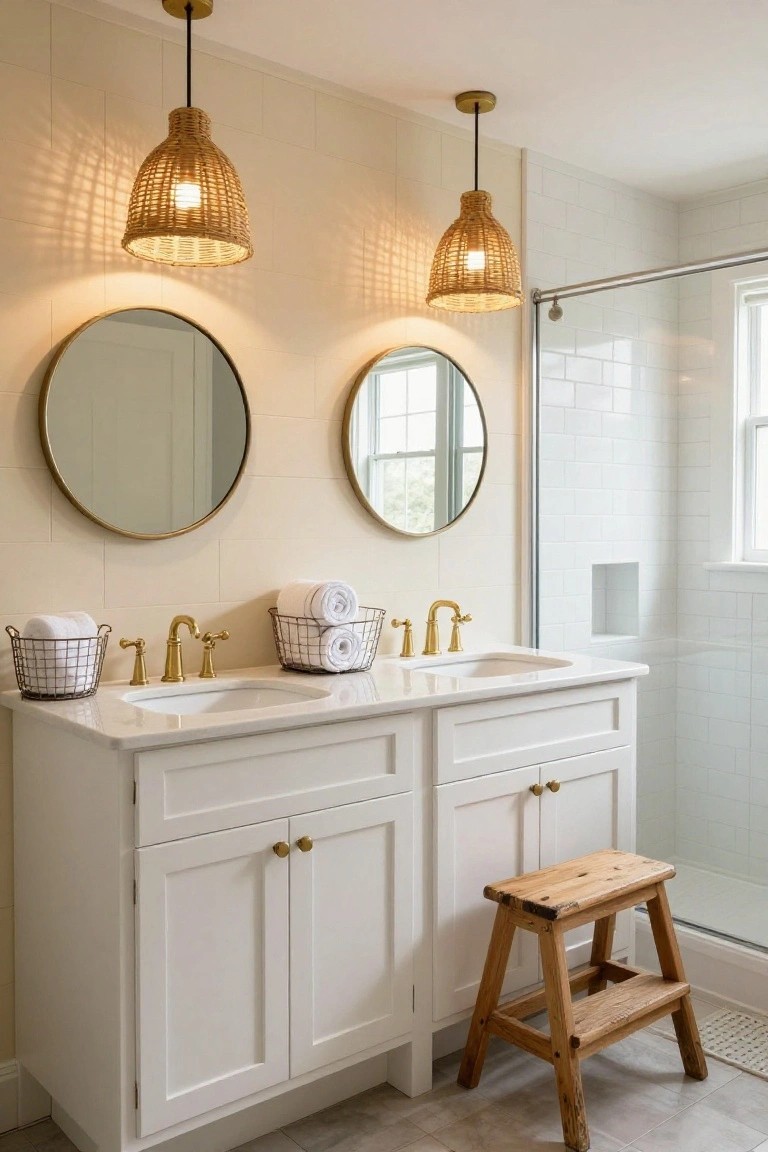 Bathroom featuring a white double vanity with gold faucets and sinks, flanked by round gold-framed mirrors, two woven pendant lights hanging above, a wooden step stool nearby, and a glass shower enclosure with white subway tile.