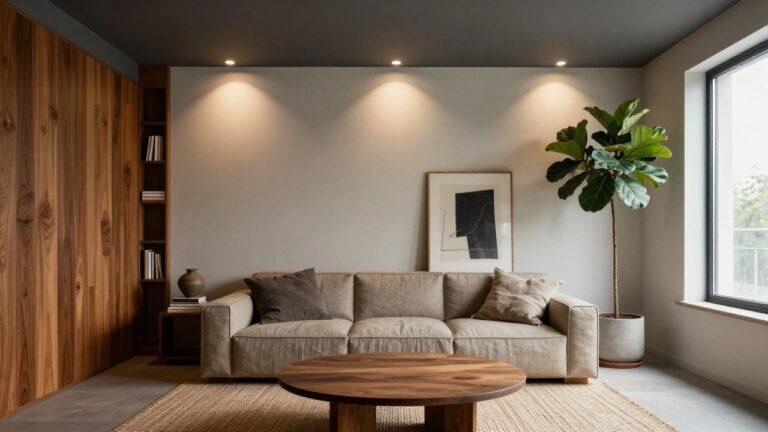 Light gray living room with beige linen L-shaped sofa, oval wooden coffee table holding two ceramic bowls, jute area rug, fiddle leaf fig plant by window, abstract line art in wood frame on wall, ceramic vase on shelf, and three recessed ceiling downlights.
