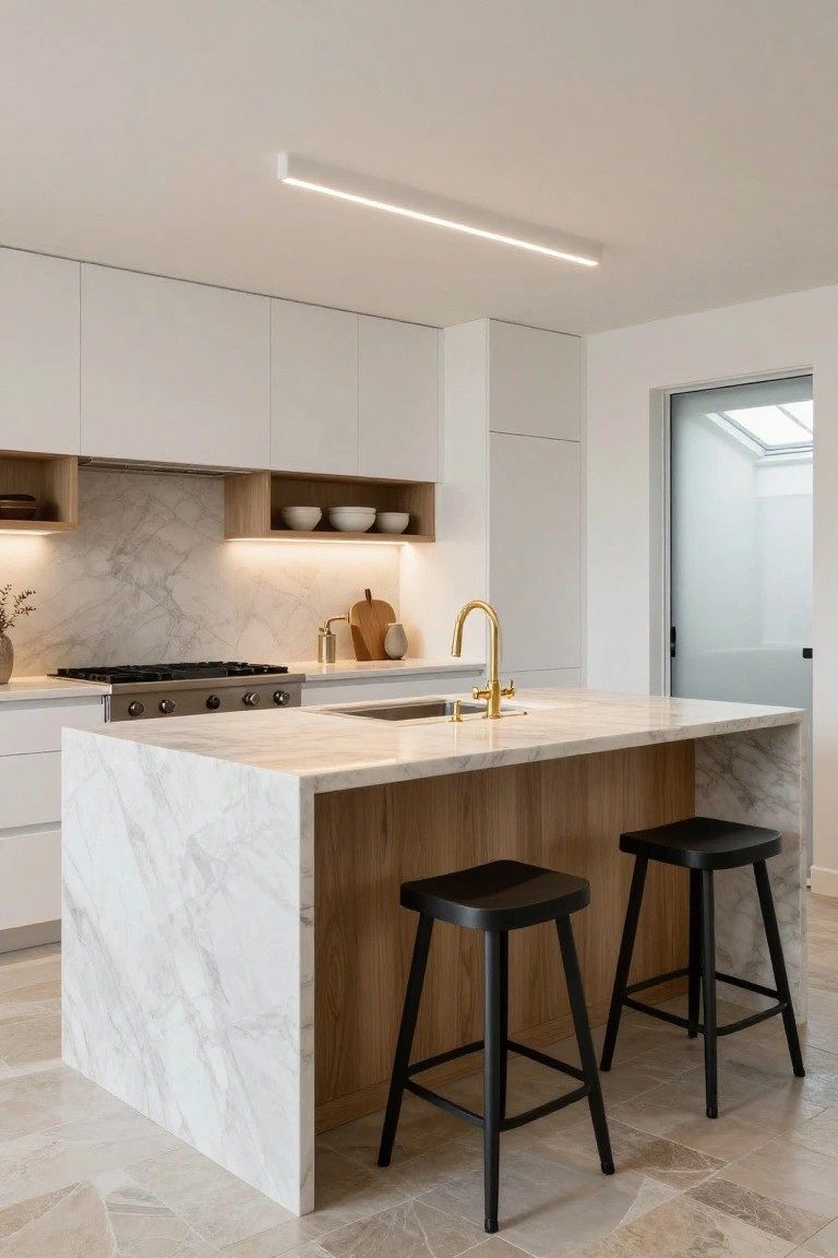 Modern kitchen with white marble island, gold faucet, and black stools.