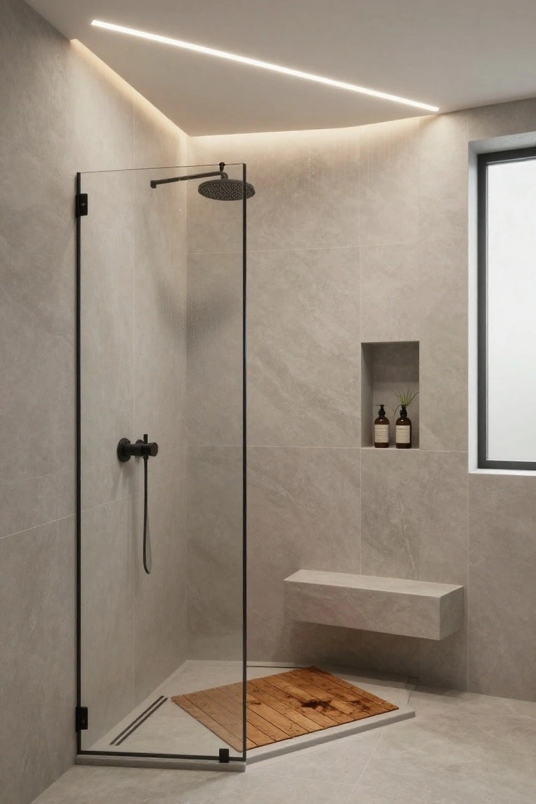 Modern bathroom corner shower with frameless black-framed glass door, rainfall showerhead, handheld sprayer, built-in niche holding bottles and a plant, stone bench, teak wood shower mat, gray textured tile walls and floor, large window, and thin recessed LED strip lighting along the ceiling perimeter.