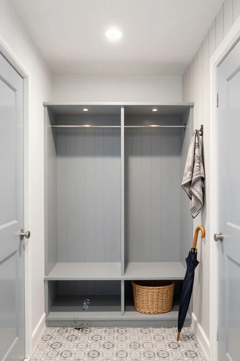 Gray shiplap-lined built-in closet with double hanging rods and recessed ceiling lights, lower bench storage with wicker basket, umbrella and towel hooks, flanked by light blue doors on a gray patterned tile floor.