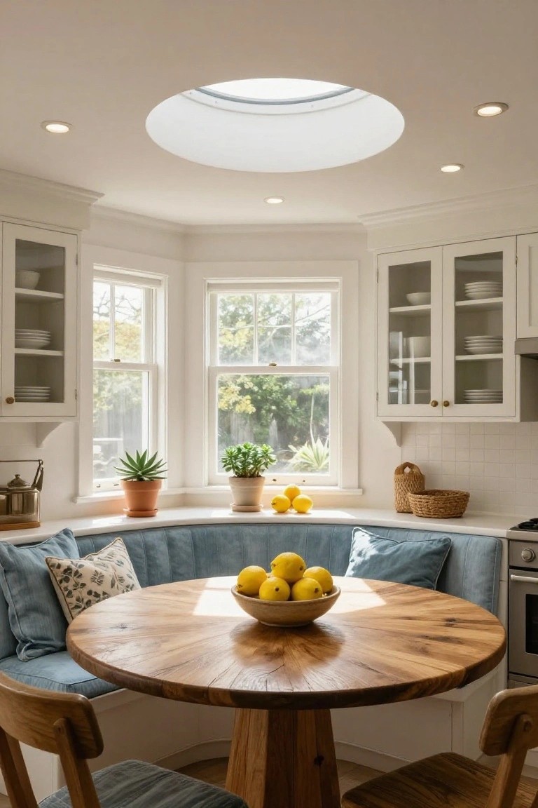 Kitchen nook with blue built-in banquette seating around a round wooden table holding lemons in a bowl, white cabinets with glass doors, large bay windows with plants, and a central circular skylight surrounded by recessed ceiling lights.
