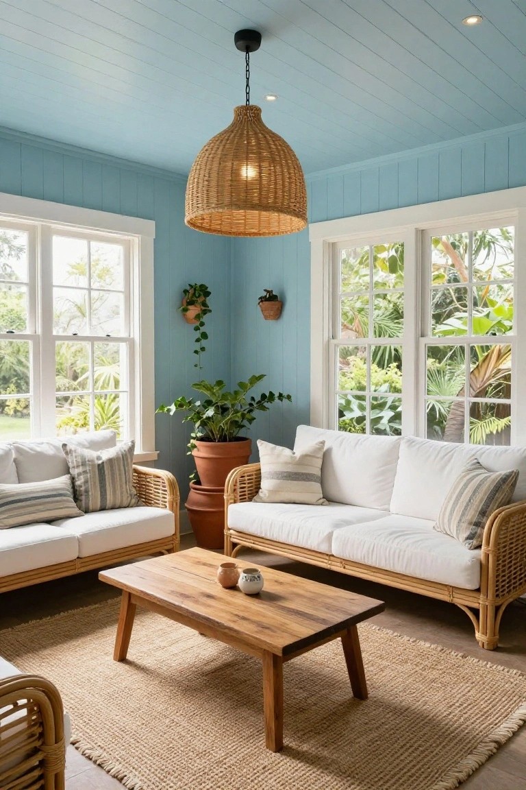 Blue shiplap paneled ceiling with recessed downlights and a woven pendant light over white rattan sofas, wooden coffee table, potted plants, and large windows showing tropical greenery outside.