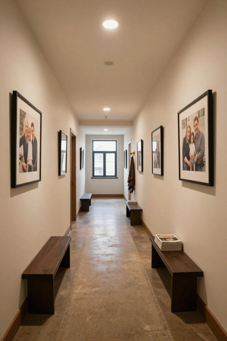 Long beige hallway with recessed ceiling lights, wooden benches, black-framed family photos on walls, a coat rack, stack of magazines, and a door and window at the end