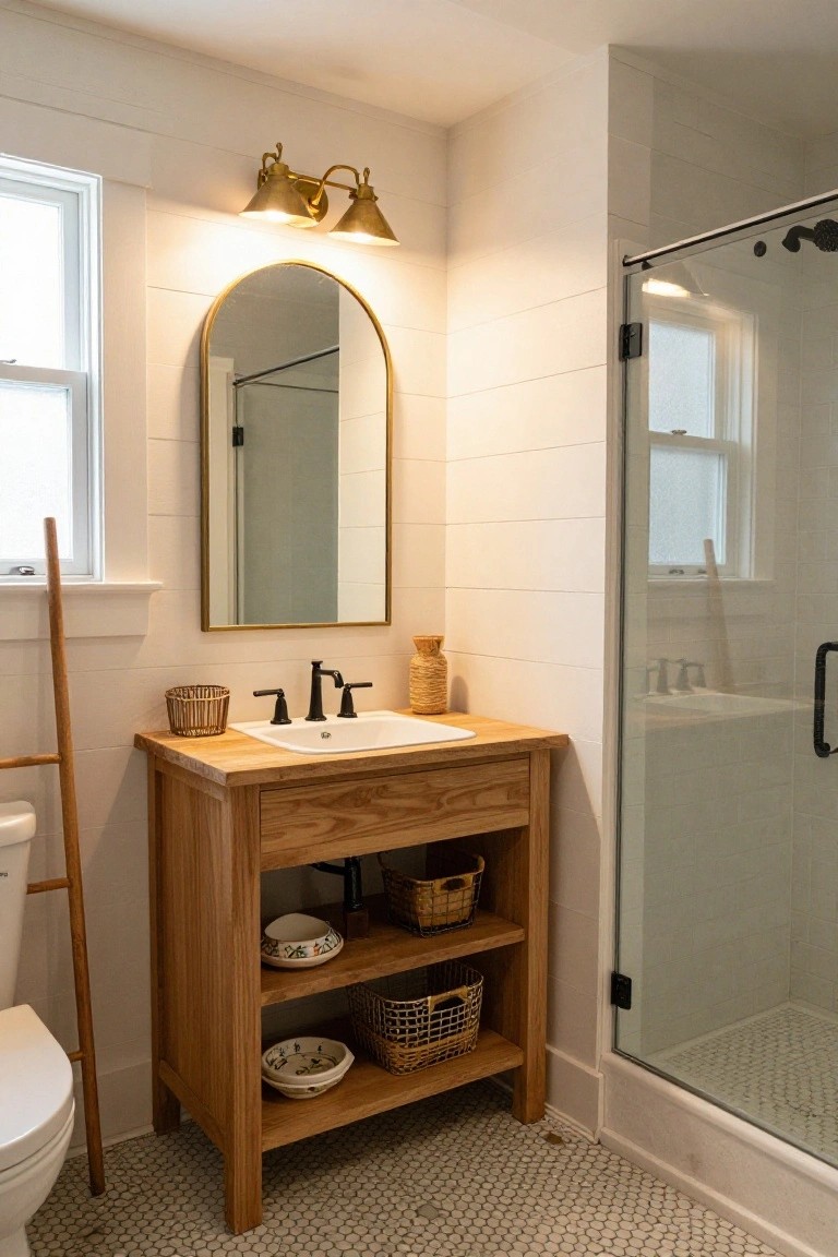 Bathroom with white shiplap walls, wooden vanity under white sink, gold arched mirror flanked by brass sconces, glass shower enclosure, and toilet on hexagonal tile floor.