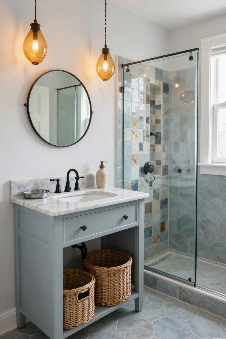 Bathroom with two amber glass pendant lights hanging over a light blue vanity, white marble sink, black faucet, round black mirror, and glass shower with blue mosaic tiles on hexagonal floor.