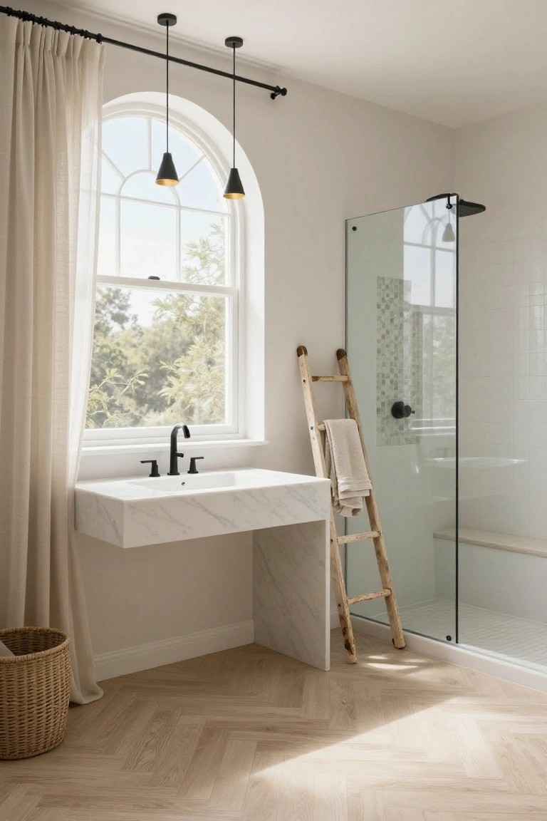 A light-filled bathroom with herringbone oak floors, floating white marble sink, glass shower enclosure with bench, wooden ladder holding a towel, wicker basket, and two black cone pendant lights with gold interiors hanging from a rod near a large arched window with sheer linen curtains.