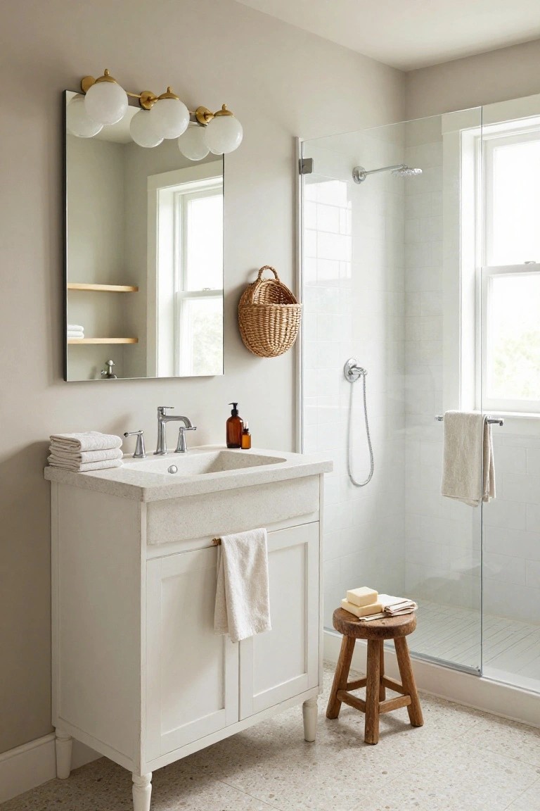A bathroom with light gray walls, a white vanity and sink under brass wall sconces with three white globe shades, a glass shower enclosure, wooden stool, and towels on shelves.
