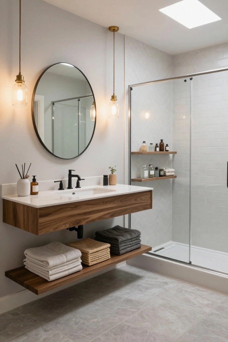 Modern bathroom with floating wood vanity and white sink, large round black mirror flanked by two brass pendant lights with clear glass shades and Edison bulbs, wood floating shelves holding towels and baskets, glass shower enclosure with white subway tile walls, and gray tile floor.