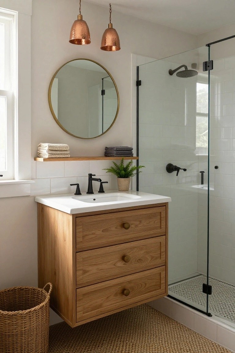A farmhouse-style bathroom with a floating oak wood vanity under a white sink, flanked by folded towels on a wood shelf, a potted plant, large round gold mirror, glass shower enclosure with black fixtures, seagrass basket on the floor, and two hammered copper pendant lights hanging from the ceiling.