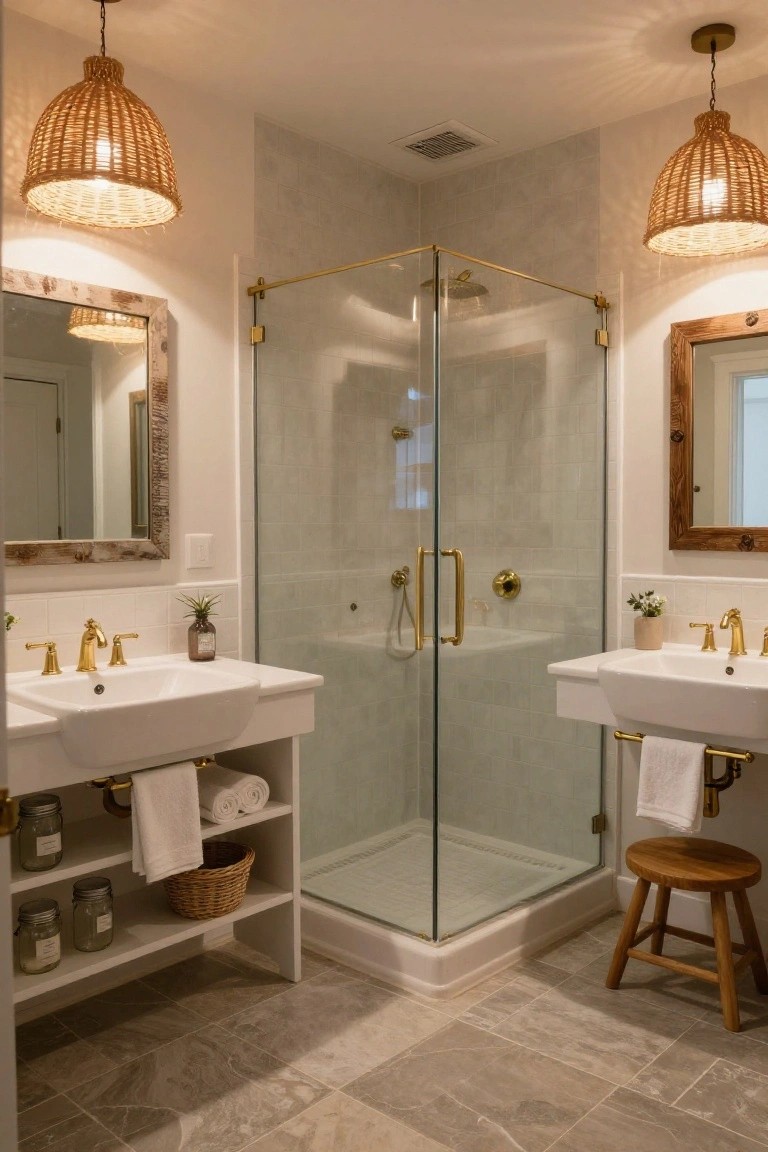 A farmhouse bathroom with double white undermount sinks, gold faucets, woven rattan pendant lights hanging from the ceiling, a glass corner shower, plants on the counters, white cabinets with open storage, and a wood stool nearby.