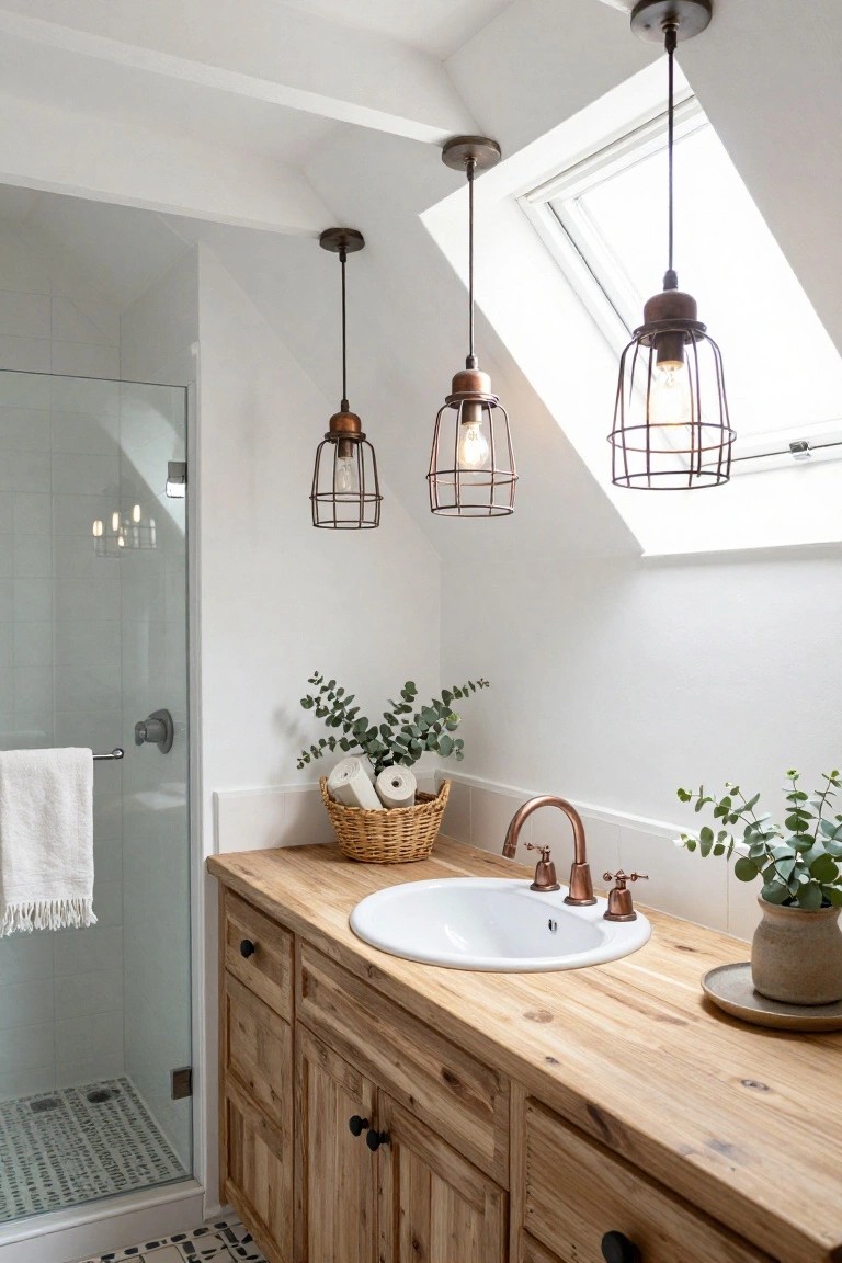 A bathroom interior with a wooden vanity topped by a white sink and copper faucet, a glass shower enclosure, three hanging bronze cage pendant lights from a sloped ceiling, eucalyptus plants, a basket of towels, and white walls.