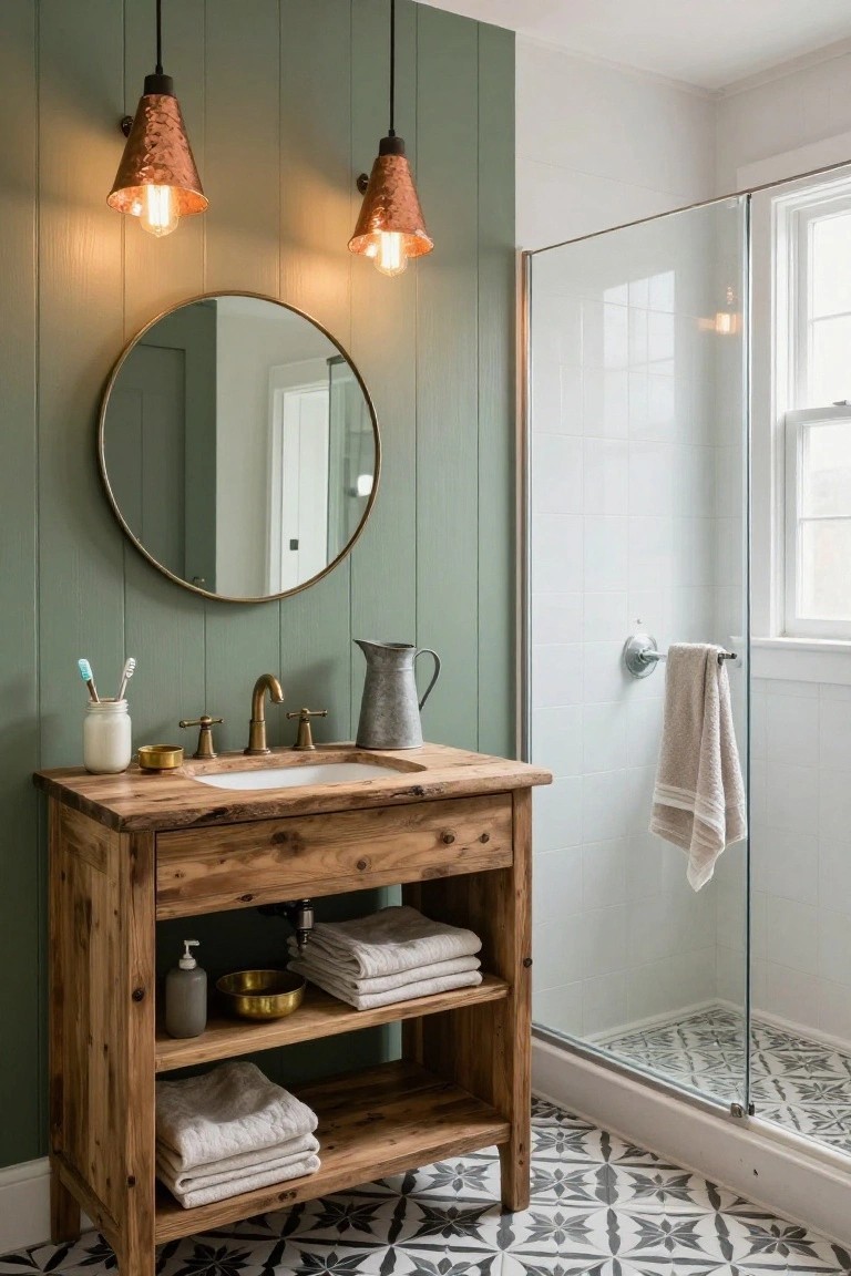 A farmhouse bathroom with sage green shiplap wall, reclaimed wood vanity under a round brass mirror, hammered copper cone pendant lights, glass shower enclosure with white subway tile, and black and white patterned shower floor tile.