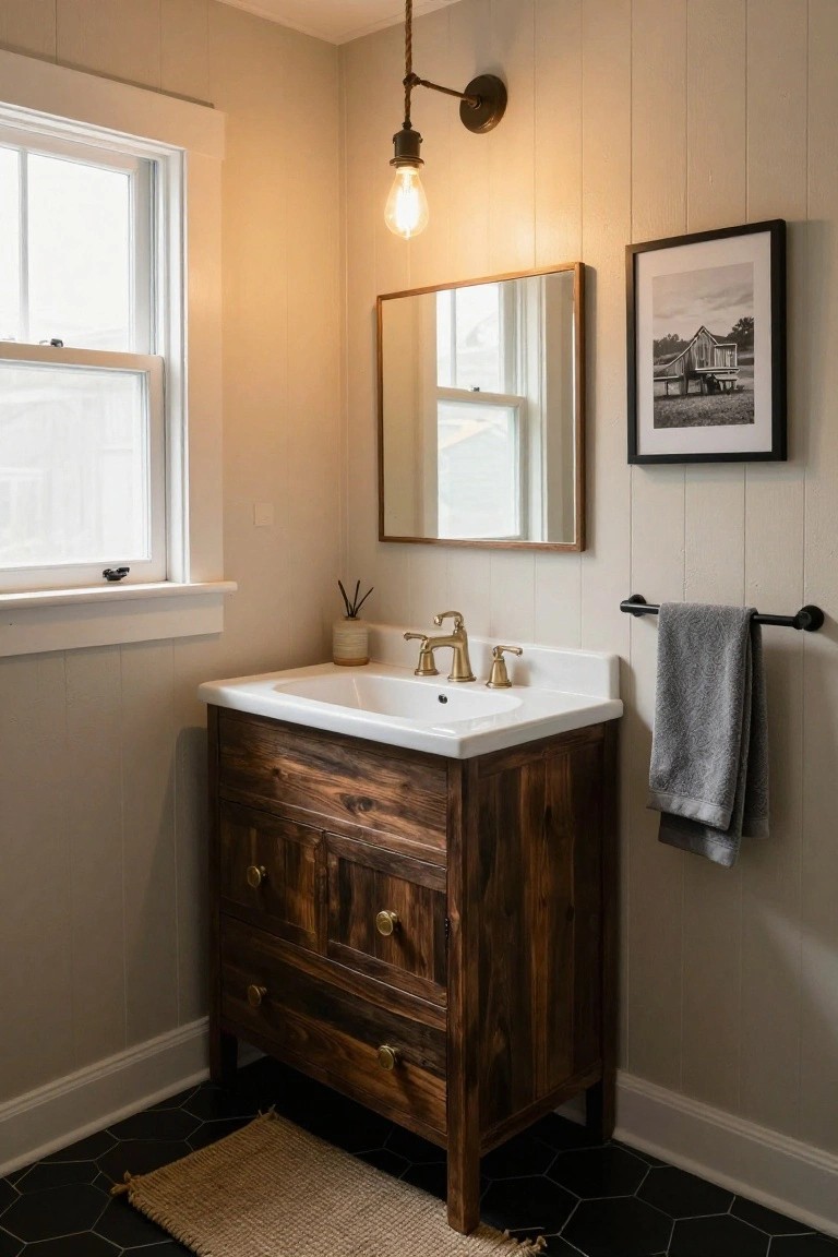 Compact bathroom corner featuring a wooden vanity with white sink and gold faucet, hanging exposed-bulb pendant light, round mirror on beige shiplap wall, towel bar, potted plant, and black hexagonal tile floor with seagrass rug.