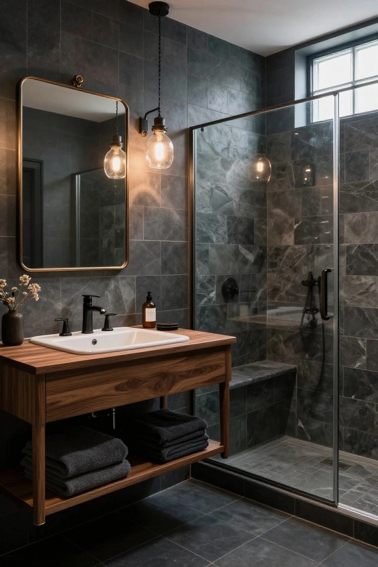 Bathroom with dark gray veined tile walls and floor, floating wooden vanity holding towels and sink, brass round mirror, hanging glass pendant lights, and glass shower enclosure.
