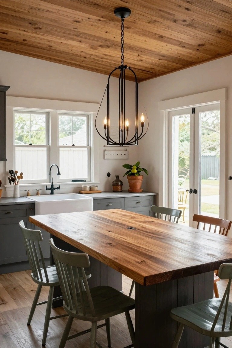 Kitchen interior with vaulted ceiling of light wood planks, black metal chandelier with five lit candles hanging over wooden dining table and green chairs, gray cabinets, white farmhouse sink, and windows plus doors to backyard.