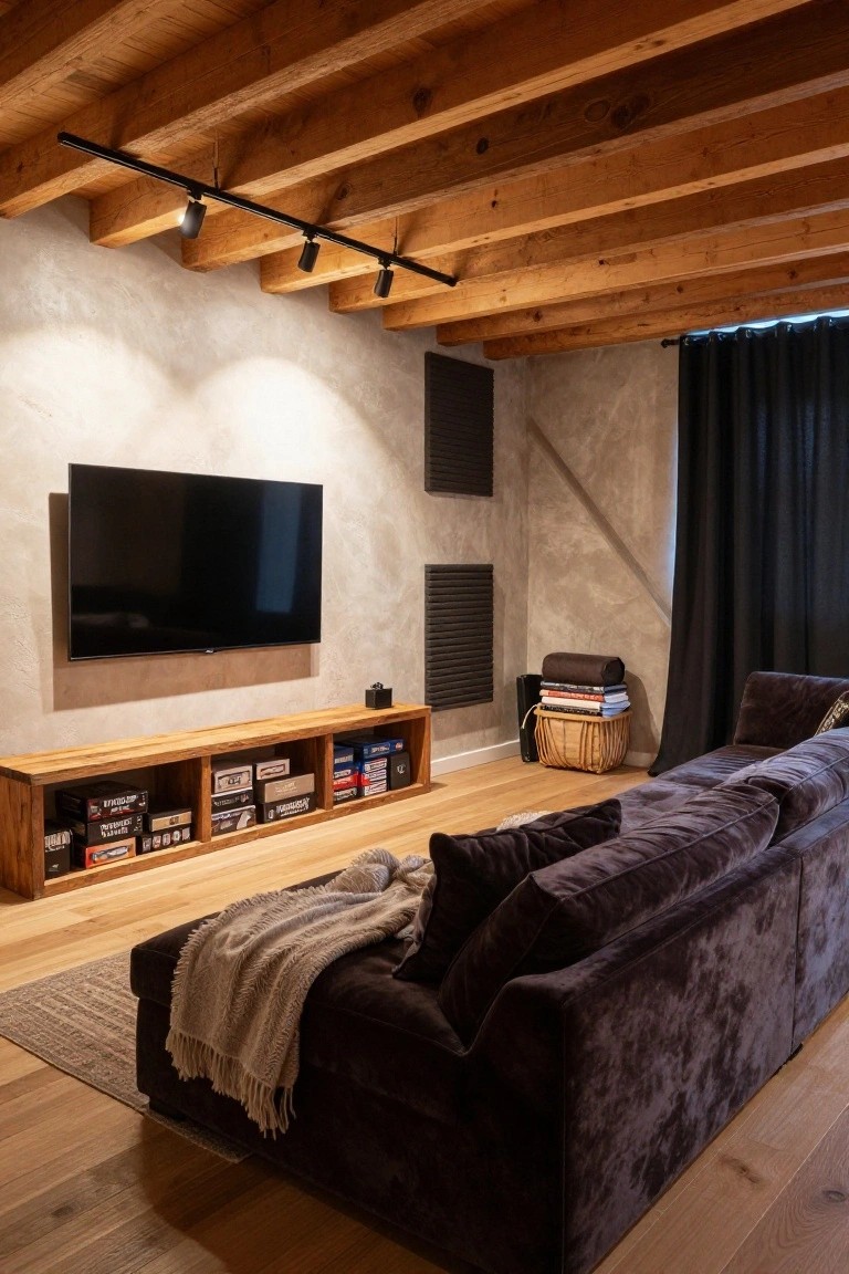 Living room with exposed wooden beam ceiling, black track lighting with spotlights, wall-mounted TV above wooden media console holding board games, dark velvet L-shaped sofa with throw blanket, and beige rug on oak wood floor.