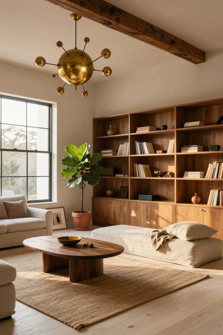 A living room featuring a large gold sputnik-style chandelier hanging from an exposed wood beam ceiling, flanked by wooden bookshelves, a fiddle leaf fig plant in a terracotta pot, a cream sofa, low wood daybed, oval wood coffee table, and seagrass rug on light wood floors.