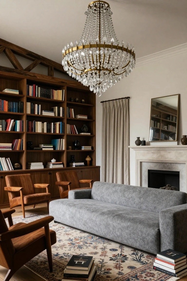 Vaulted ceiling room with exposed wooden beams, large gold and crystal chandelier, dark wood bookshelves filled with books, gray sofa, brown leather armchairs, beige rug, and limestone fireplace.