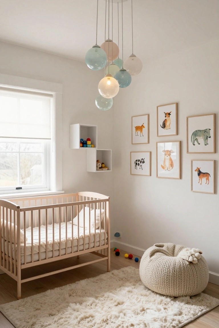 Nursery room with white walls, light wood crib with bedding, wall shelves holding toys, framed watercolor animal prints, cluster of multicolored blown glass pendant lights hanging from ceiling, knit pouf chair, colorful balls on floor, and shaggy white rug.