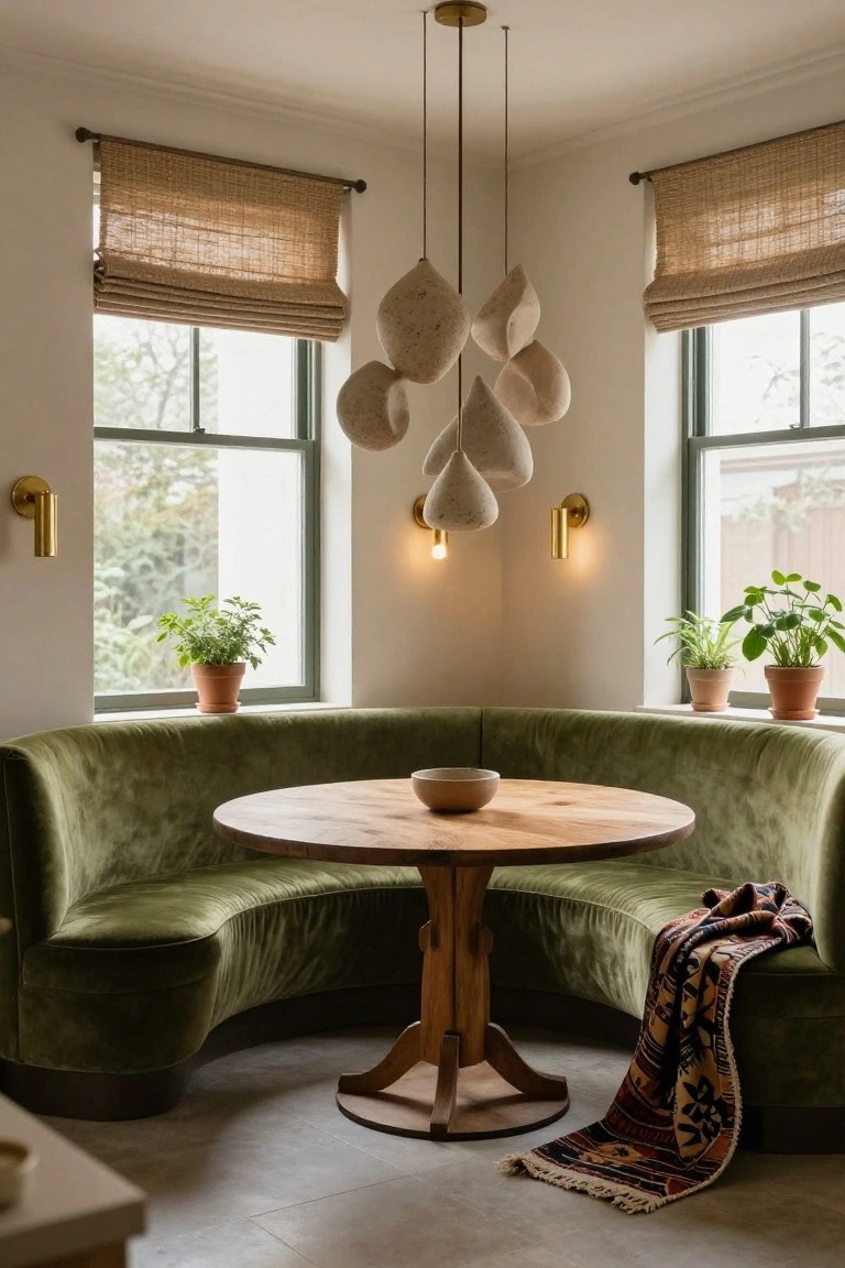 Cozy green velvet booth wraps around a round wooden table in a corner nook, lit by a cluster of white organic-shaped pendant lights hanging from the ceiling, with bamboo blinds on windows and potted plants on sills.