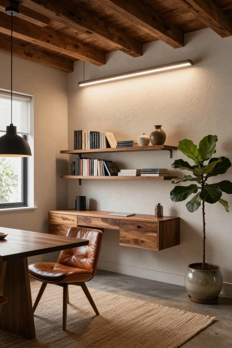 Home office interior with exposed wooden beam vaulted ceiling, black hanging pendant light, linear wall-mounted LED light, floating wooden shelves with books and plants, wooden desk with leather chair, and potted fiddle leaf fig tree.