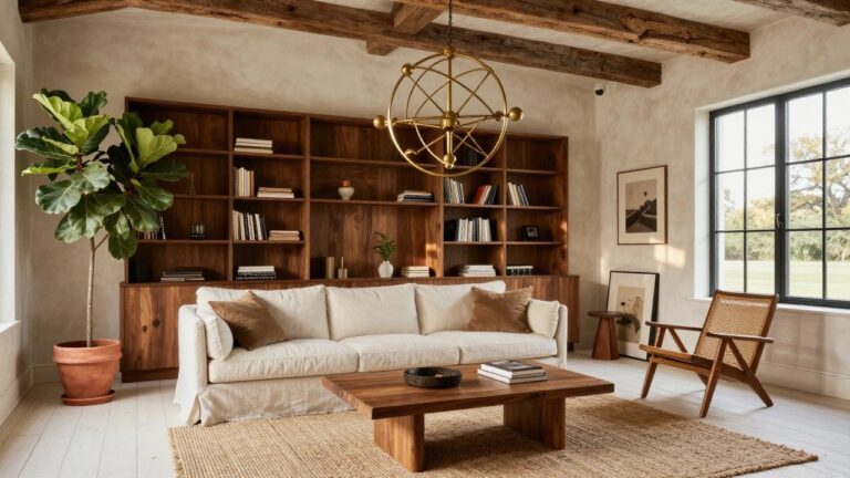 22 Gorgeous Vaulted Ceiling Lighting Trends That Look Ahead A living room featuring a large gold sputnik-style chandelier hanging from an exposed wood beam ceiling, flanked by wooden bookshelves, a fiddle leaf fig plant in a terracotta pot, a cream sofa, low wood daybed, oval wood coffee table, and seagrass rug on light wood floors.