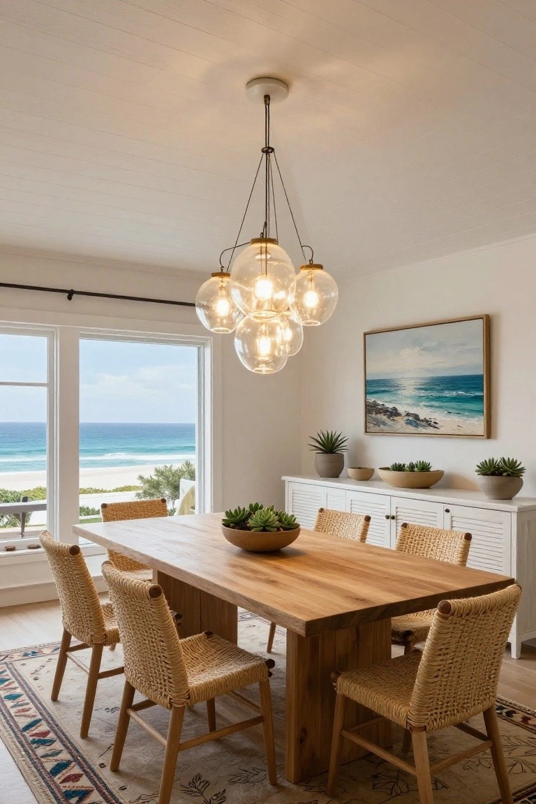 Dining room with a rectangular wooden table and rattan chairs under a chandelier of five hanging glass globe lights from a white vaulted ceiling, large windows overlooking the ocean, white cabinetry with plants, and a seascape painting on the wall.