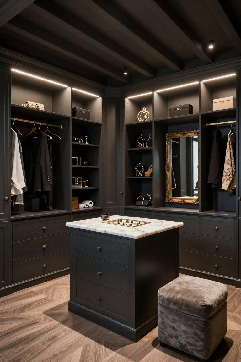 Dark wood walk-in closet with LED strip lighting under shelves displaying jewelry and boxes, hanging clothes on rods, central white marble island holding a tray with chess pieces, gold ornate mirror, gray upholstered stool, and beamed ceiling with recessed lights on herringbone floor.